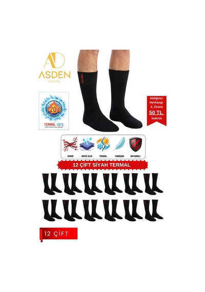Asden Termal Erkek Çorap 12'li Ekstra Kalın Havlu Premium Pamuklu Burun Dikişsiz 40-45 Siyah