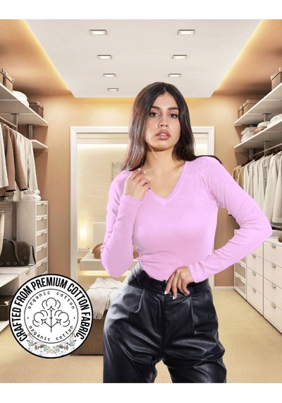 Alya Underwear Pamuklu Kaşkorse V Yaka Body Sweatshirt, Fitilli Kumaş Likralı Bluz, Asker Yeşili Badi LILA