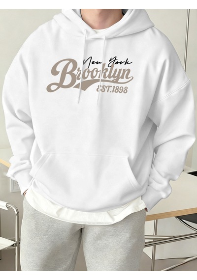 Startmore Startmorebrooklyn New York Est. 1898 Baskı Erkekler Kapşonlu Sonbahar Cep Sokak Şıklığı Gevşek Polar T Beyaz