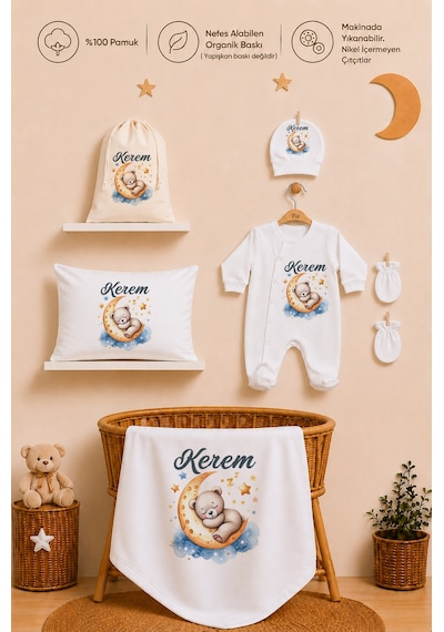 Pia Baby Erkek Bebek Hastane Çıkışı 6 Parça %100 Pamuk İsme Özel Kese Hediyeli Tulum Şapka Eldiven Seti 1001tybk3x Krem