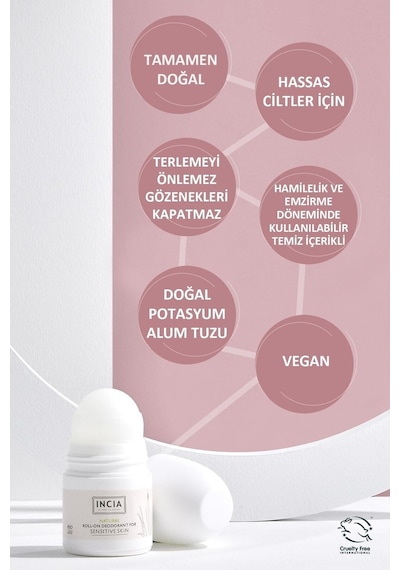 INCIA %100 Doğal Roll On Deodorant Hassas Ciltler İçin Ter Kokusu Önleyici Leke Yapmayan 50 ML