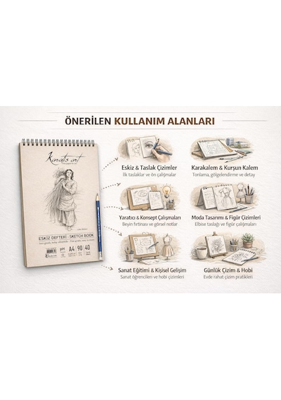 A4 Eskiz Defteri, İnce Grenli, Kolay Silinebilir Ph Nötr Kağıt, Spiralli Sketch Book, 90 G/m²,