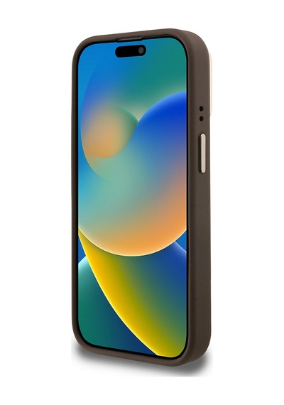 Apple iPhone 15 Pro Max Uyumlu Kılıf Guess Lisanslı Metal 4g Ve Yazı Logolu Kamera Standlı Kapak Kahve