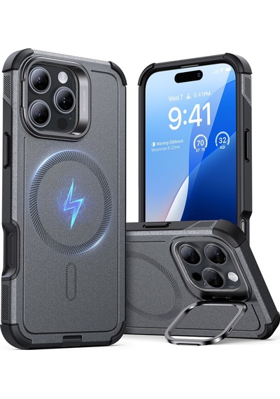 Esr Apple Uyumlu iPhone 16 Pro Kılıf Cyber Tough Halolock Magsafe Stantlı Silikon Gri