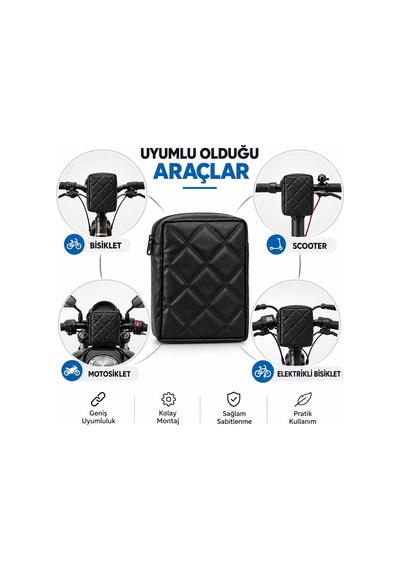 Kapitone Kumaş Gidon Bağlantılı Scooter Bisiklet Motosiklet Çantası 23x19 Cm Al5690 Genel
