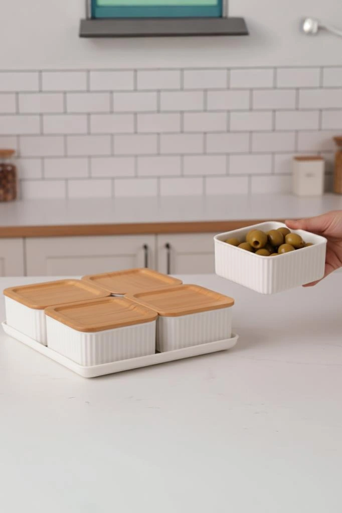 Atbyhome Valverdi - 4'lü 9 Parça Plastik Kahvaltılık Kahvaltı Seti Sunum Seti Bambu