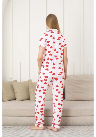 Monox Kadın Önden Düğmeli Kısa Kol Likralı Kalp Baskılı Pijama Takımı Beyaz