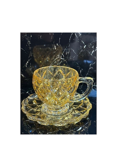 2 Kişilik Kristal Cam Bal Renk Kahve & Çay Fincan Takımı Sarı