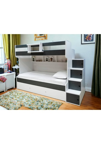 Sardunya Mdf Yavrulu Seyyar Merdivenli Ranza Antrasit Beyaz M1 90 x 190 CM