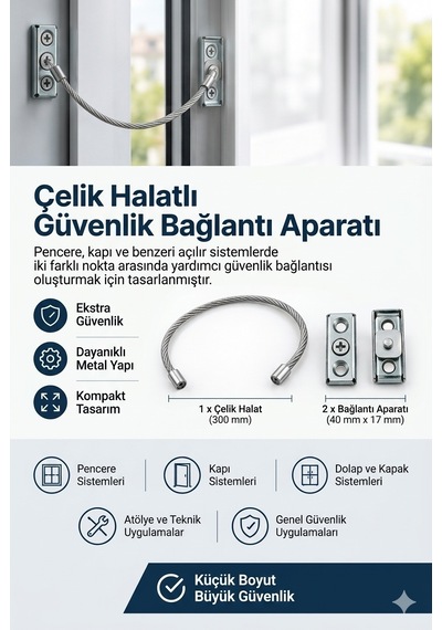Çelik Halatlı Güvenlik Bağlantı Teli Halatı Pencere Kapı Dolap Güvenlik Aparatı