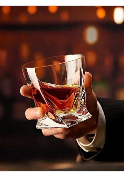 Asimetrik Kesim Kristal Dokulu 2 Adet Premium Bourbon & Scotch Bardak Takımı Viski Bardağı Şeffaf