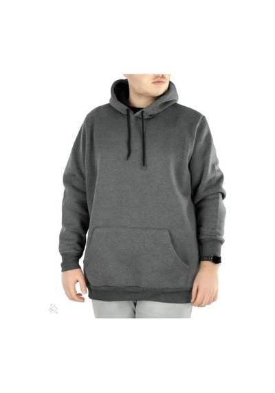 Erkek 3 İplik Pamuklu Kapüşonlu Cepli Hoodie Sweatshirt - Füme
