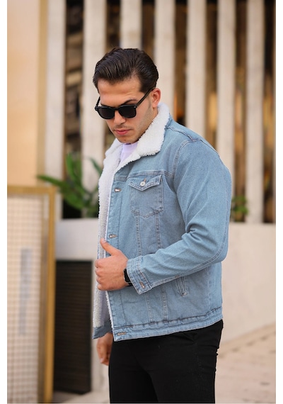 E-fendi Erkek Kürklü Denim Kot Mont Kışlık Sıcak Ve Şık Dış Giyim Buz Mavi - Krem