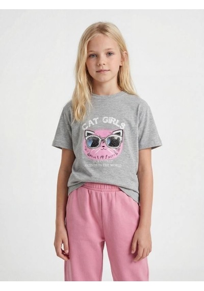 Zekids Kız Çocuk Cat Girls Baskılı T-shirt-17186 Gri