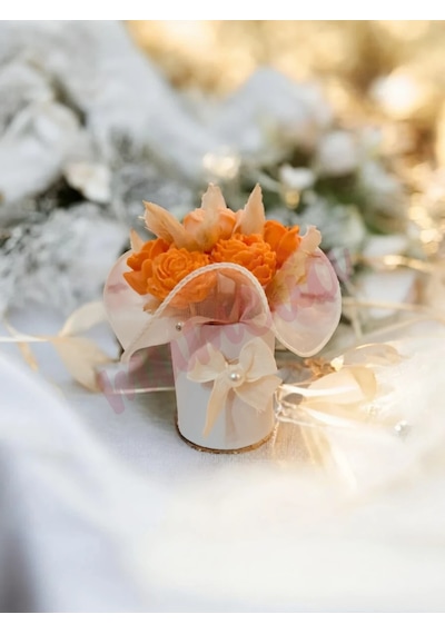 Mumelia Pastel Çiçekler - Doğal Soya Rose Gold Kutulu Mini Mum Buketi - Turuncu