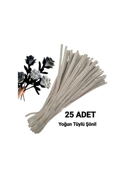 25 Adet Gri Şönil, Çiçek Yapımına Uygun Tüylü Tel, 30 Cm 6 Mm