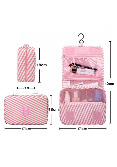 Çok Fonksiyonlu Askılı Makyaj Çantası Pembe Line Desen Büyük Boy