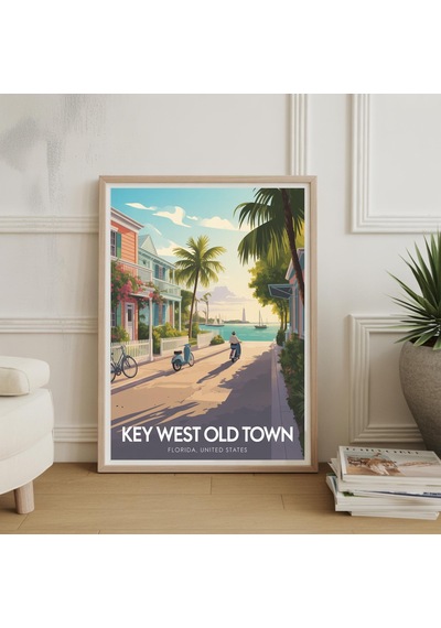 Key West Eski Şehir Florida Seyahat Posteri Vintage Sahil Sanatı Baskısı