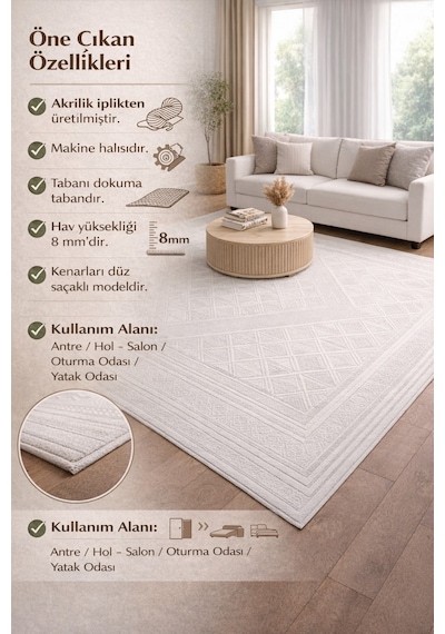 Modern Kabartmalı Halı Krem Geometrik Desenli Akrilik 8 Mm Hav Salon Yatak Odası Antre Halı