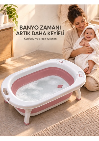 Beylini Katlanabilir Bebek Küveti Soft Silikon Destekli Banyo Akordion Duş Oyun Alanı Pembe