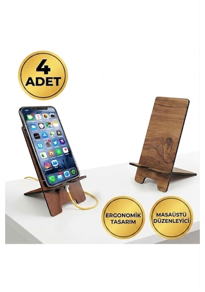 4 Adet Ahşap Telefon Standı Masaüstü Telefon Tutucu Katlanabilir Şarj Girişli Ev Ofis Düzenleyici Seti Standart