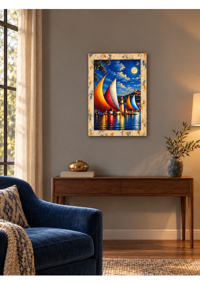 Ahşap Eskitme Çerçeve Desenli Mehtaplı Limanda Yelkenli Temalı Dekoratif Ahşap Tablo 52x72 Cm
