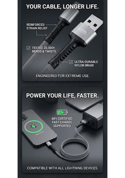 3.4 A Ultra Hızlı Lightning To Usb Güçlendirilmiş Hasır Örgü Ultra Şarj Ve Data Kablosu Mt2411