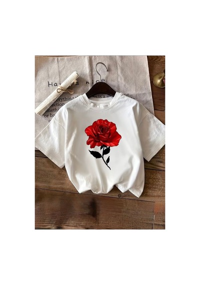 Herkesemoda Kırmızı Gül Baskı Detaylı Basic T-shirt Siyah