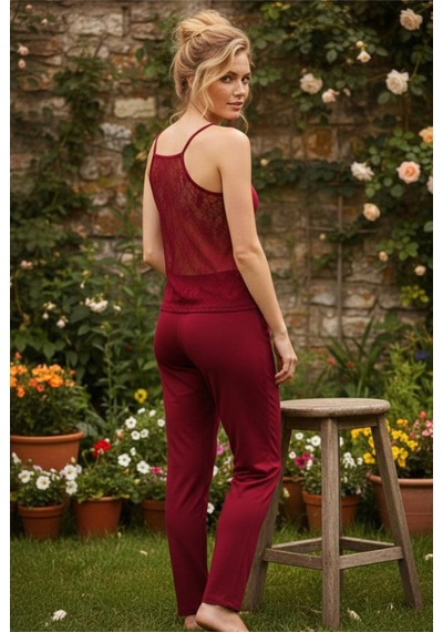 Siyah İnci Sırt Dantel Detaylı İp Askılı Örme Viskon Pijama Takım26120753 Bordo
