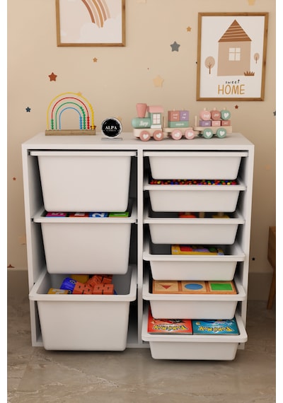 9 Sepetli 2 Bölmeli Oyuncak Dolabı Çok Amaçlı Oyuncak Dolabı Düzenleyici Organizer Beyaz