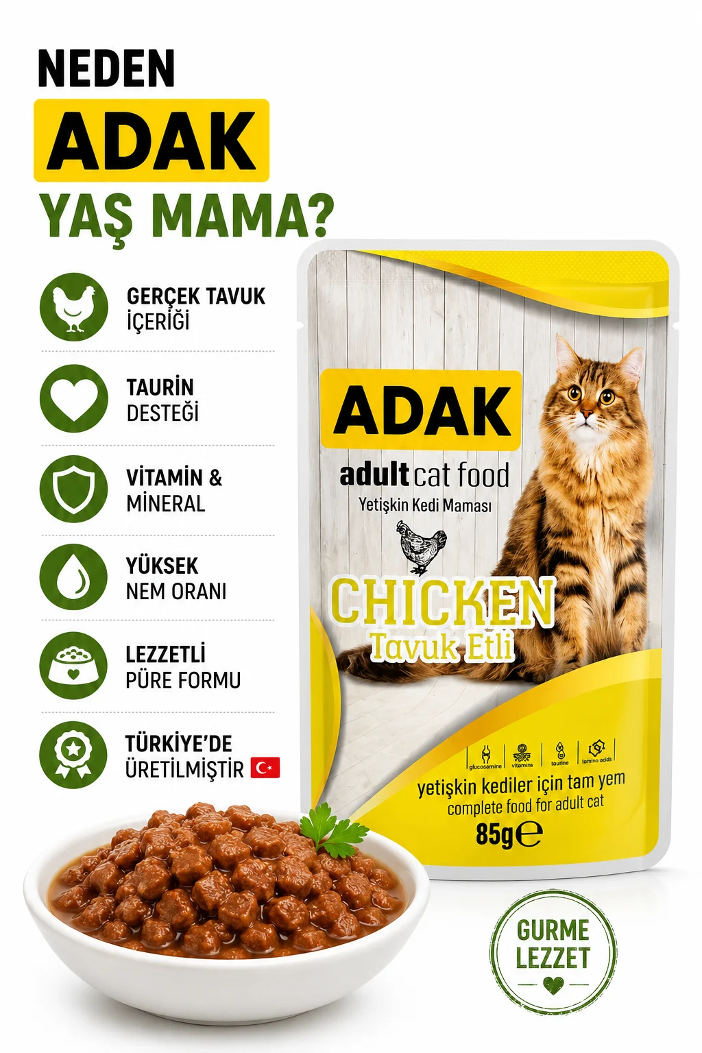 Adak Adult Yetişkin Kedi Yaş Mama Pouch Tavuk Etli 85 Gr X 24 Adet 24 Al 20 Öde