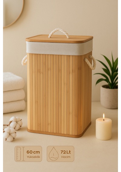 Serstil Bambu Dikdörtgen Çamaşır Sepeti Kapaklı Dekoratif Ve Modern Kirli Sepeti - 40x30x60 Cm / 72 L