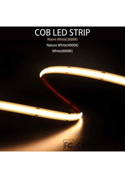 Tr Cob Led Şerit 5metre 12v 320led/m 3000k Sıcak Beyaz 10w 8mm Ip20 Aydınlatma Işık Hortum Kendinden Yapışkanlı