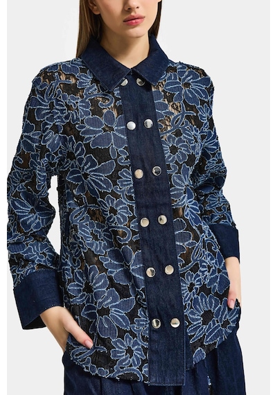 it's basic Kadın İndigo Selvedge 7s6-50 Oversize Dantel Nakış Çiçek Detaylı Özel Tasarım Denim Ceket