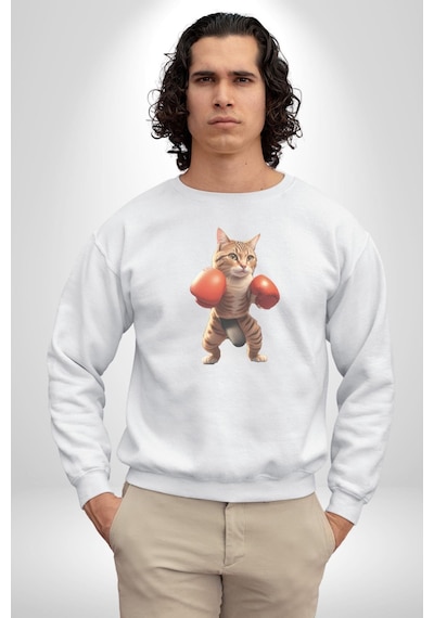 Boks Yapan Kedi Unisex Beyaz Baskılı Sweatshirt Beyaz
