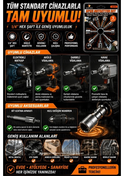 9 Parça Manyetik Somun Lokma Uç Seti 5-13 Mm Cr-v Çelik Matkap Ve Akülü Vidalama Uyumlu Hex Lokma Uç