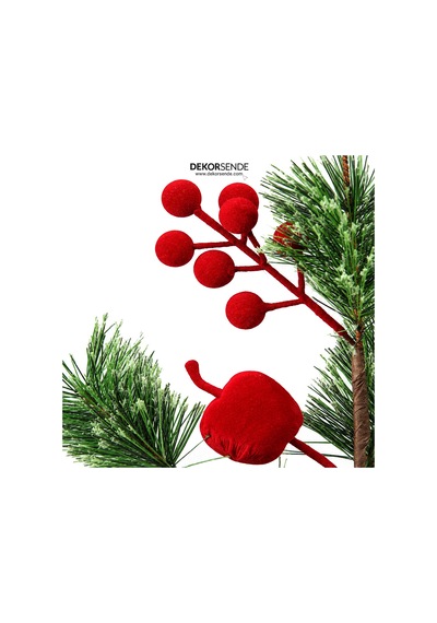 Yılbaşı Süsü İğne Çam Dalı Kadife Fiyonklu Flok Berry Ve Narlı 50 Cm