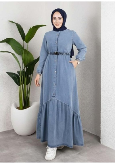 Hb Harma Time Butik Kadın Düğmeli Kuşaklı Denim Kot Mavi Elbise Mavi Mavi