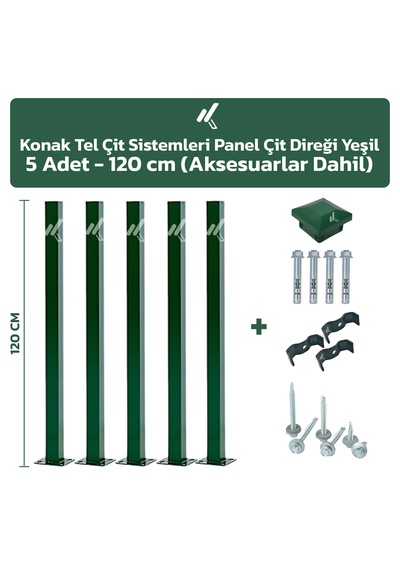 5 Adet Panel Çit Direği 120 CM Yeşil + Aksesuarlar