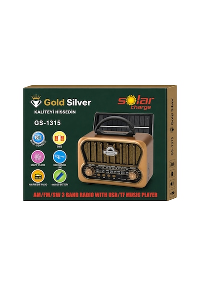Gold Silver Gs-1315 Nostaljik Retro Radyo - Güneş Enerjili, Bluetooth/usb/tf Kart Destekli 3 Band Hoparlör