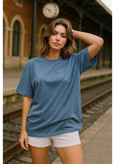 Kadın Mavi %100 Pamuk Oversize Basic Tişört Rahat Kalıp Relaxed Bisiklet Yaka T-shirt Çok Renkli