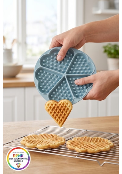 Kalp Desenli Silikon Waffle Kalıbı 5 Bölmeli Yapışmaz Kolay Çıkan Esnek Fırına Uygun 18 Cm Çok  Renkli
