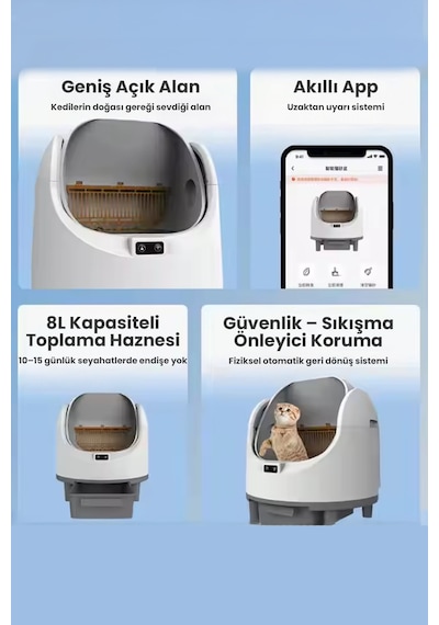 Akıllı Otomatik Açık Kasa Kedi Tuvaleti Sessiz Motorlu, Koku Gidericili, Uvc Sterilizasyonlu