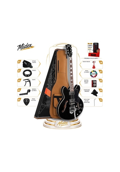 Midex Vintage Jazz-bk Profesyonel Hollowbody Caz Kasa Hh Akustik Elektro Gitar Seti Siyah