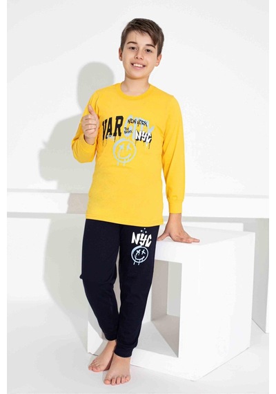 Tarık Erkek Çocuk Desenli Uzun Kollu Pijama Takımı-949 Sarı