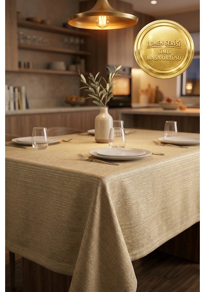 Lumen Serisi Simli Masa Örtüsü Gold / Silver , Premium Çeyizlik Lüks Şık Masa Örtüsü Altın