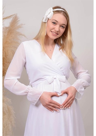 Dip Moda Kadın Beyaz Baby Shower Şifon Hamile Elbise Dphml003 BEYAZ