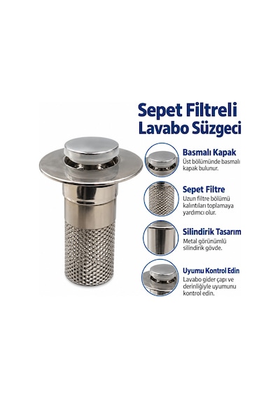 Buffer Sepet Filtreli Basmalı Lavabo Gider Süzgeci, Uzun Silindirik Filtreli Lavabo Tıpası, Saç Ve Kalıntı Toplayıcı Gid