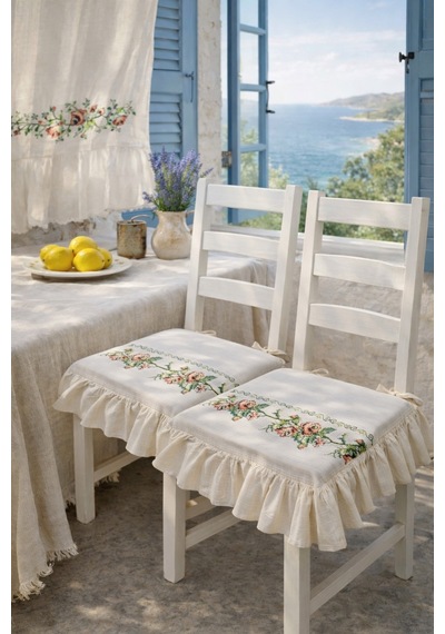 Romantik Ege Turuncu Gül Kanaviçe Nakışlı Fırfırlı Sandalye Minderi Çok Renkli