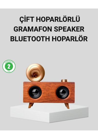 Retro - 4 - Gramafon Bluetooth Hoparlör Çift Stereo Sesli Fm - Muratech - Radyo Destekli